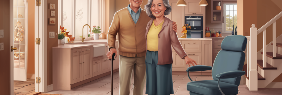 An illustration of a happy elderly couple standing in their renovated kitchen with accessibility features like open floor space, lowered counters, and a raised chair, allowing them to age in place comfortably and independently.