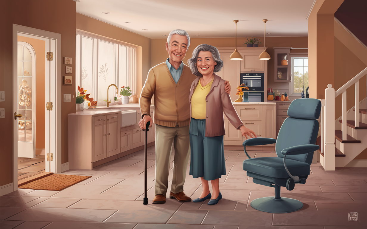 An illustration of a happy elderly couple standing in their renovated kitchen with accessibility features like open floor space, lowered counters, and a raised chair, allowing them to age in place comfortably and independently.