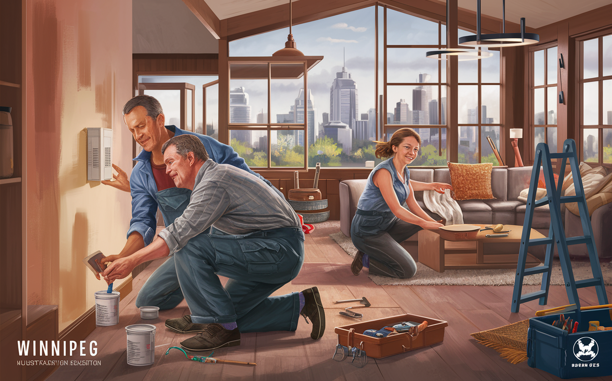 An illustration of a family working together on various home improvement projects in their living room, with one couple painting and another couple doing repairs and potting plants, amidst tools and books scattered around.