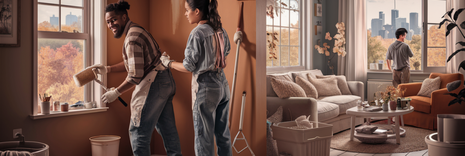 A young couple working together on a home improvement project, painting and decorating their living room with a view of the Winnipeg skyline outside the windows.