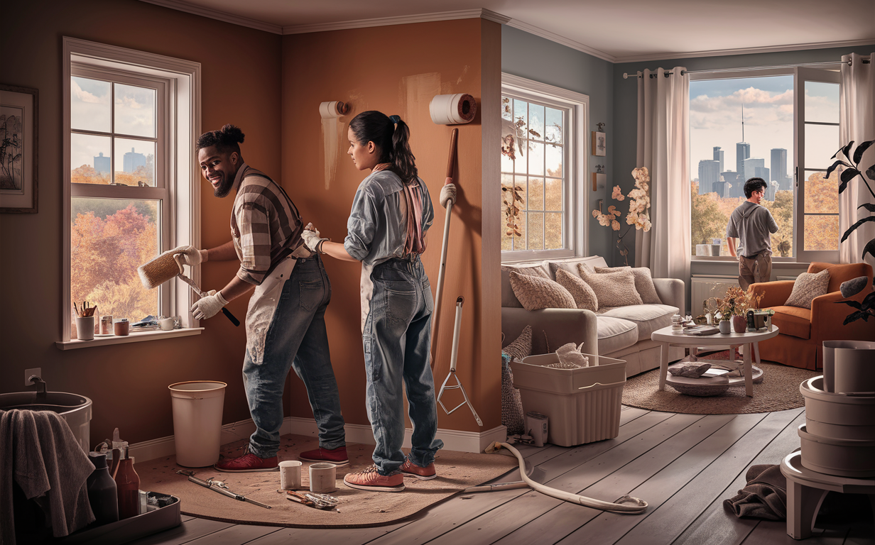 A young couple working together on a home improvement project, painting and decorating their living room with a view of the Winnipeg skyline outside the windows.