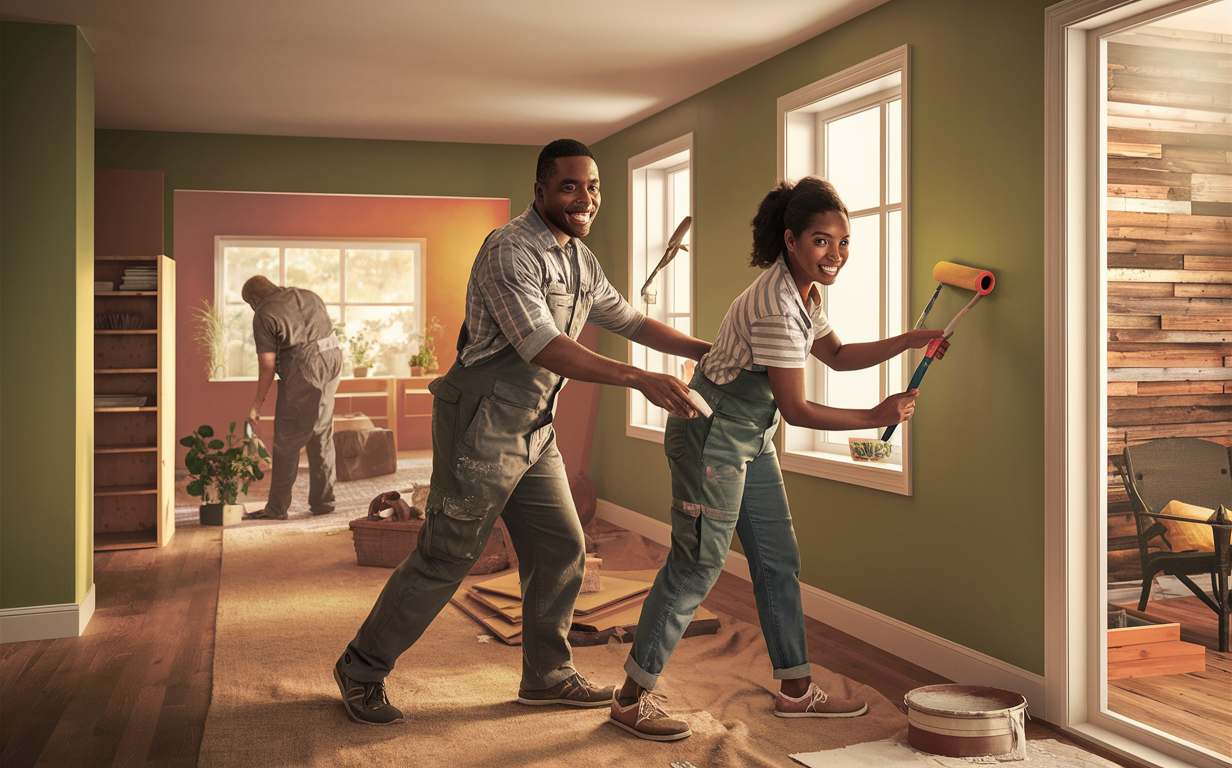 A joyful couple dancing and painting together in their living room during a home improvement project