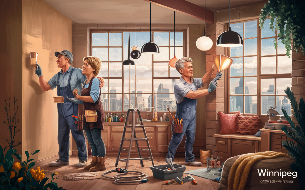 An illustration depicting a family working on home improvement projects in their Winnipeg home, with views of the city skyline visible through large windows.