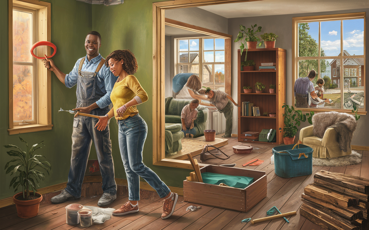 An illustration of a group of diverse people working together on various home improvement projects in a cozy, plant-filled room with a city skyline visible through the windows.