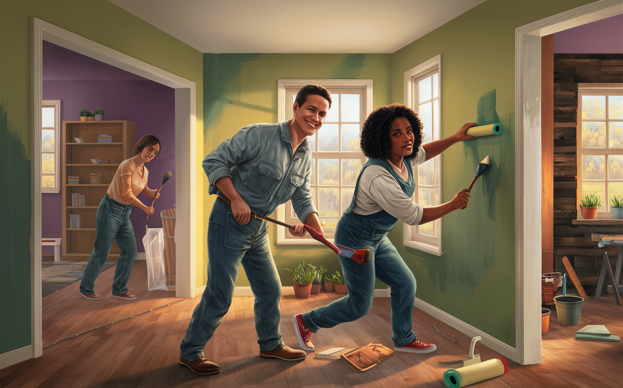 An illustration of a family working on home improvement projects, with the parents painting walls and the child helping, creating a lively and cheerful scene of teamwork and home renovation.