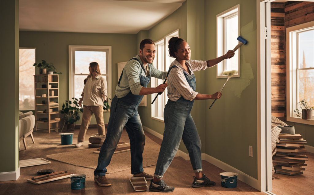 A smiling couple working on a home painting project, holding paint rollers and dressed casually, surrounded by painting supplies and a cozy interior setting with large windows