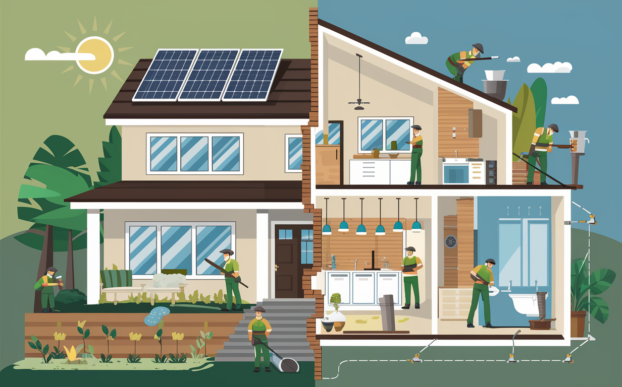 An illustration of a modern eco-friendly house under renovation, featuring solar panels, green roofs, and workers installing sustainable materials and energy-efficient systems in a natural outdoor setting.