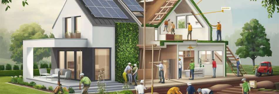 Illustration of a modern eco-friendly home renovation showcasing solar panels, green walls, energy-efficient construction, and workers implementing sustainable solutions