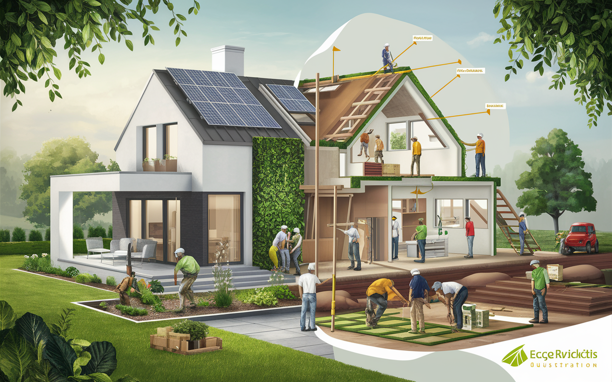 Illustration of a modern eco-friendly home renovation showcasing solar panels, green walls, energy-efficient construction, and workers implementing sustainable solutions