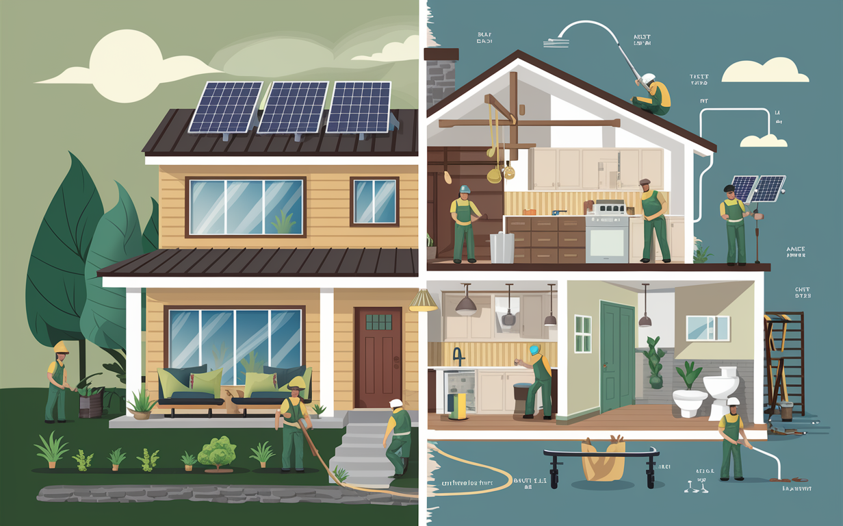 An illustration depicting a sustainable home renovation process with solar panels, energy-efficient appliances, and workers implementing eco-friendly upgrades throughout the house and yard.