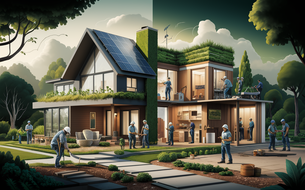 An illustration depicting an eco-friendly home renovation with solar panels, green roofs, and workers performing sustainable upgrades and landscaping