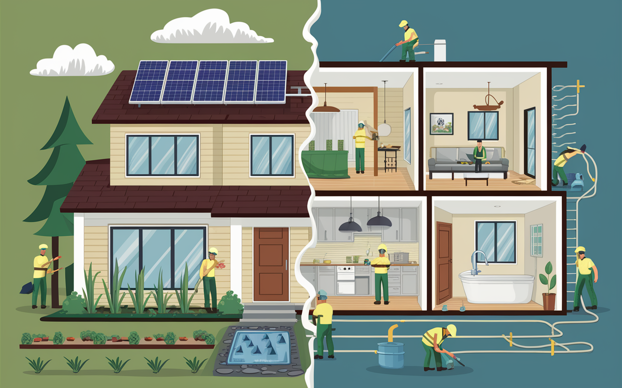 An illustration showing workers performing various eco-friendly home renovation tasks such as installing solar panels, energy-efficient windows, and appliances, as well as landscaping with plants and setting up a rainwater harvesting system.