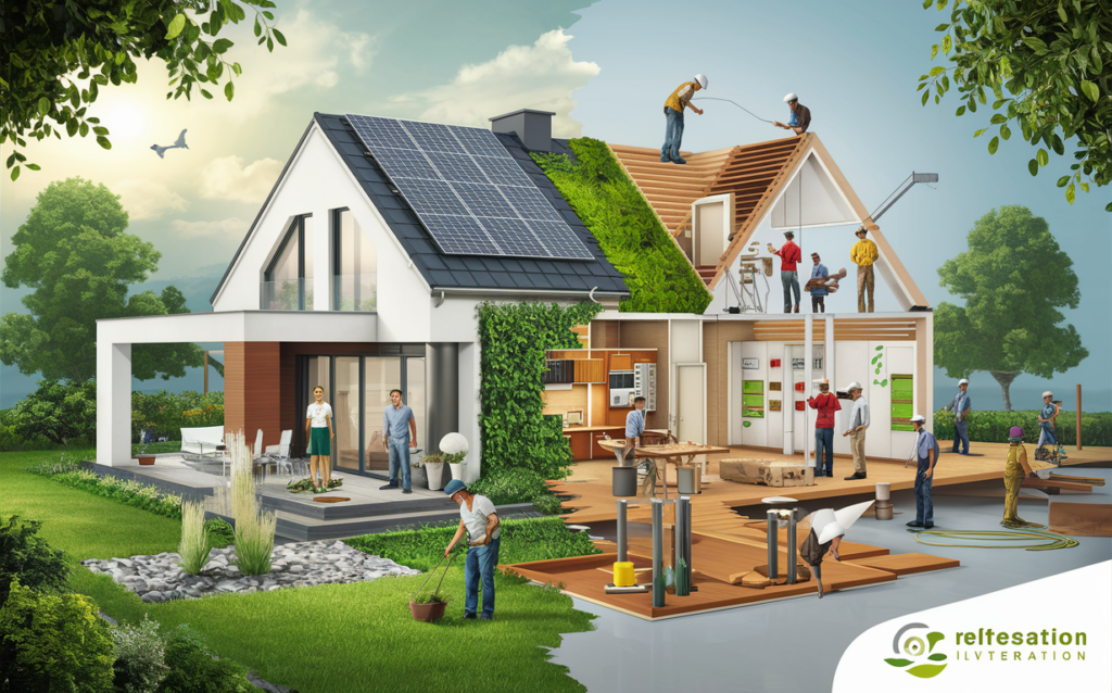 An illustration of an eco-friendly home renovation with solar panels, green walls, and people working on various sustainable home improvement projects.