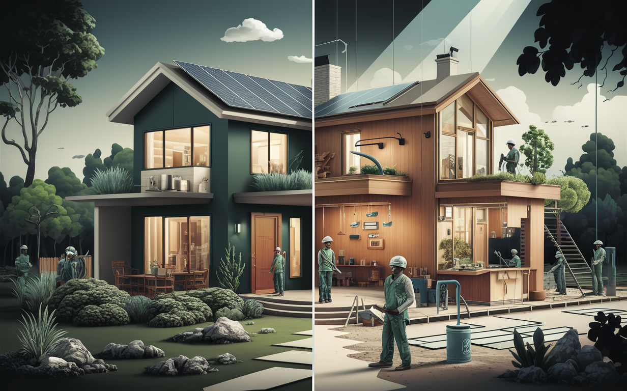 An illustration of a modern home undergoing eco-friendly renovations with solar panels on the roof and workers performing various sustainable upgrades like insulation, energy-efficient appliances, and landscaping.