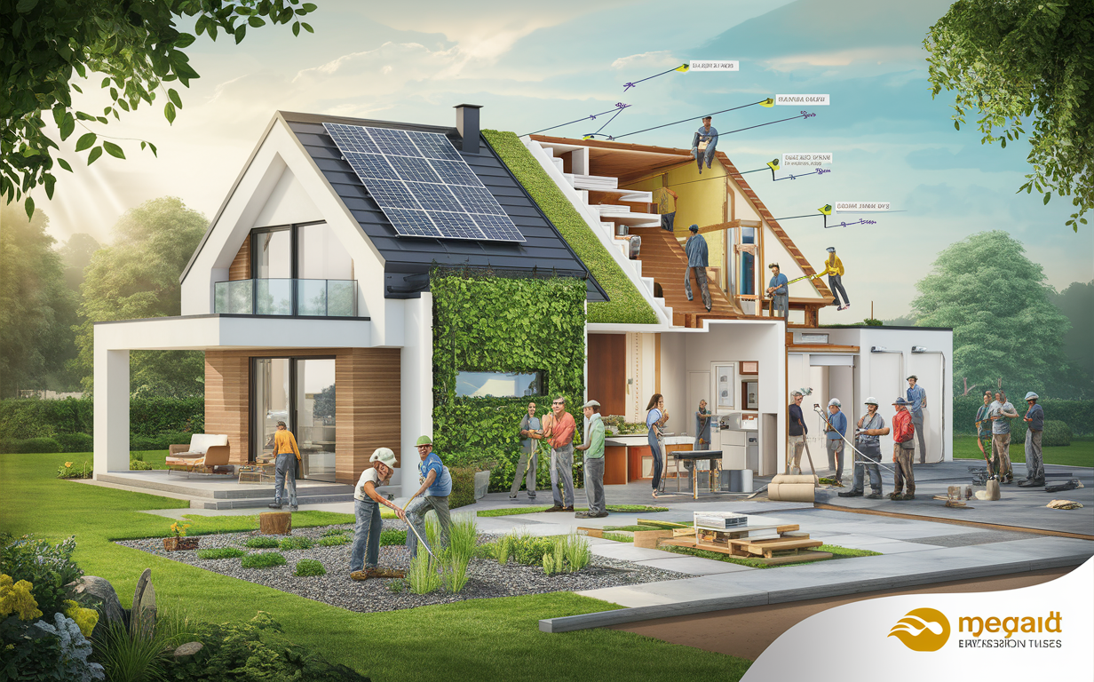 An illustration showcasing various eco-friendly home renovation and construction projects, including solar panel installation, green wall installation, insulation upgrades, and sustainable building materials being utilized by workers.