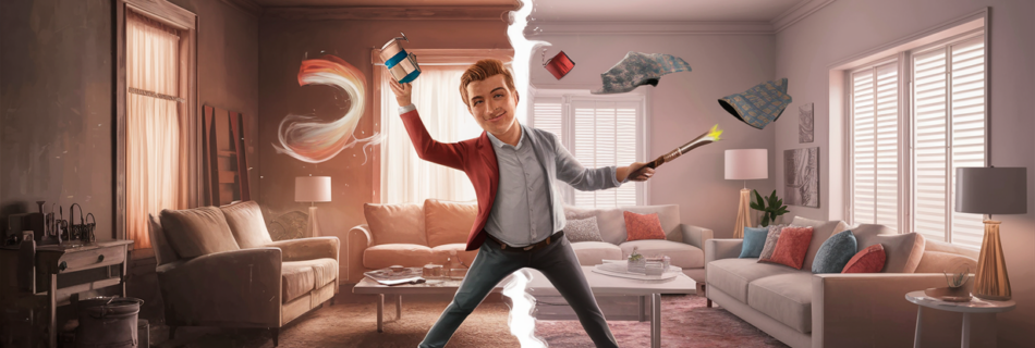 A man enthusiastically tossing objects in the air while surrounded by swirling smoke in a living room, suggesting a chaotic yet whimsical home renovation process.