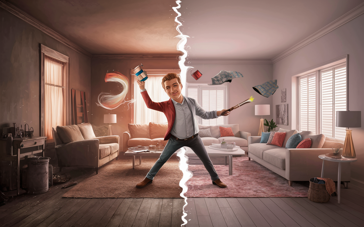 A man enthusiastically tossing objects in the air while surrounded by swirling smoke in a living room, suggesting a chaotic yet whimsical home renovation process.