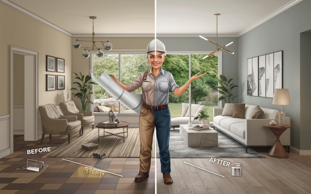 An image showing the before and after transformation of a living room through custom home renovations, with a worker holding blueprints on the before side and a beautifully remodeled living space on the after side.