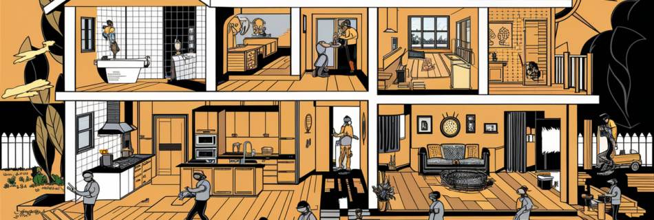 An illustration depicting various rooms of a house undergoing renovation, with workers carrying out tasks like painting, carpentry, plumbing, and cleaning in different areas. The image shows the organized chaos and activity involved in a full home renovation project.