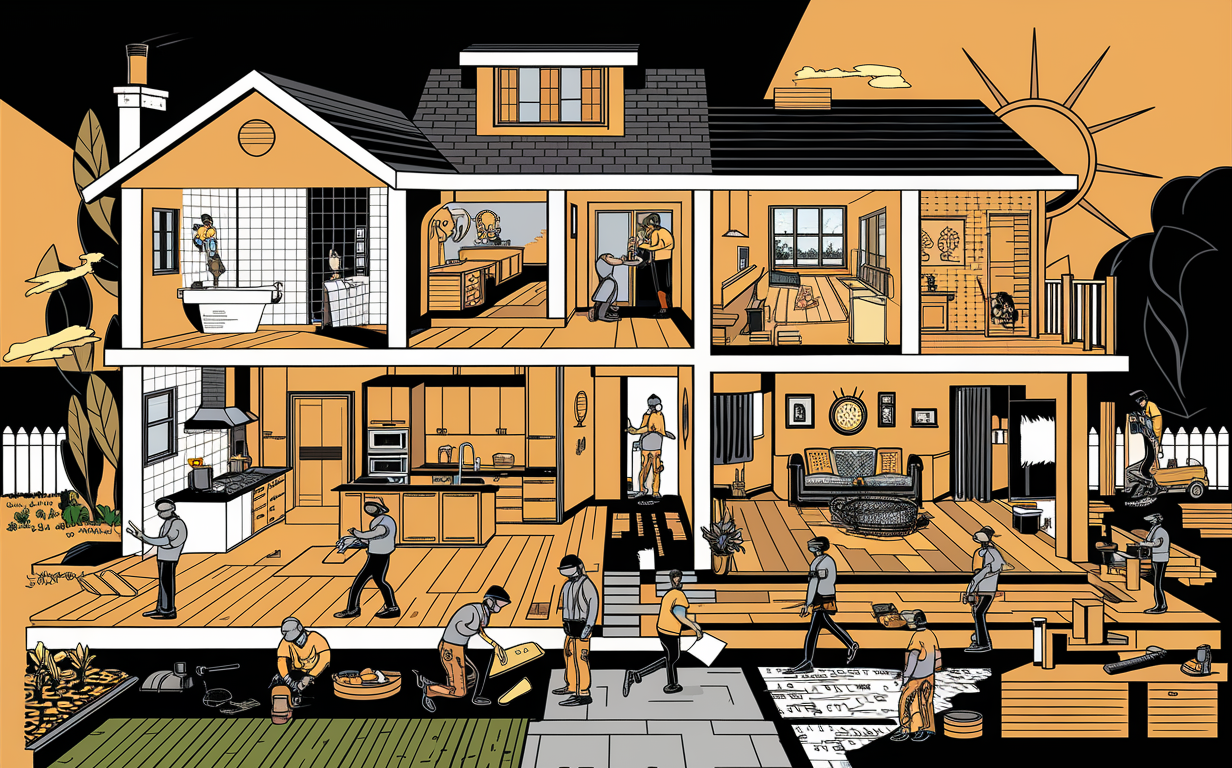 An illustration depicting various rooms of a house undergoing renovation, with workers carrying out tasks like painting, carpentry, plumbing, and cleaning in different areas. The image shows the organized chaos and activity involved in a full home renovation project.